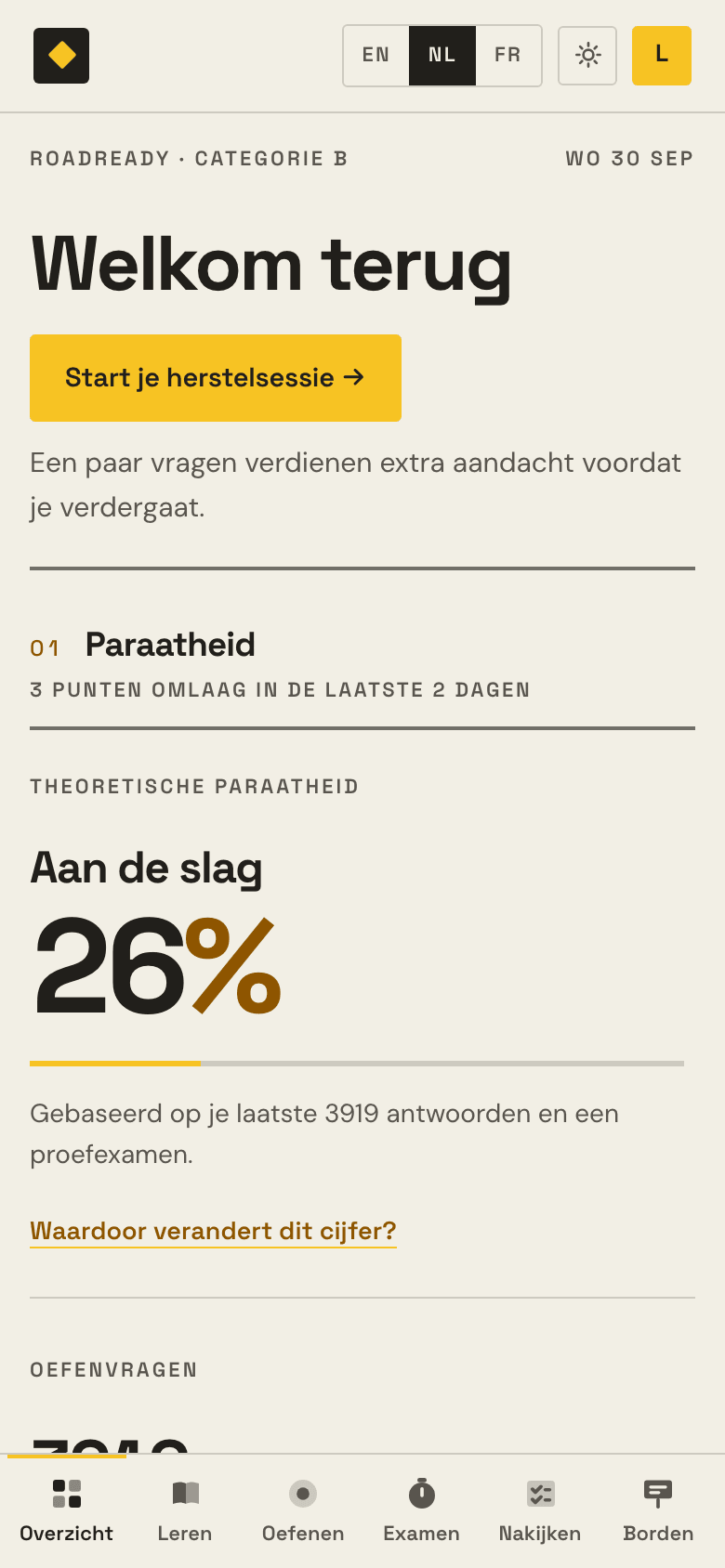 Het RoadReady-dashboard: de paraatheidsband en het cijfer, en wat je hierna aanpakt