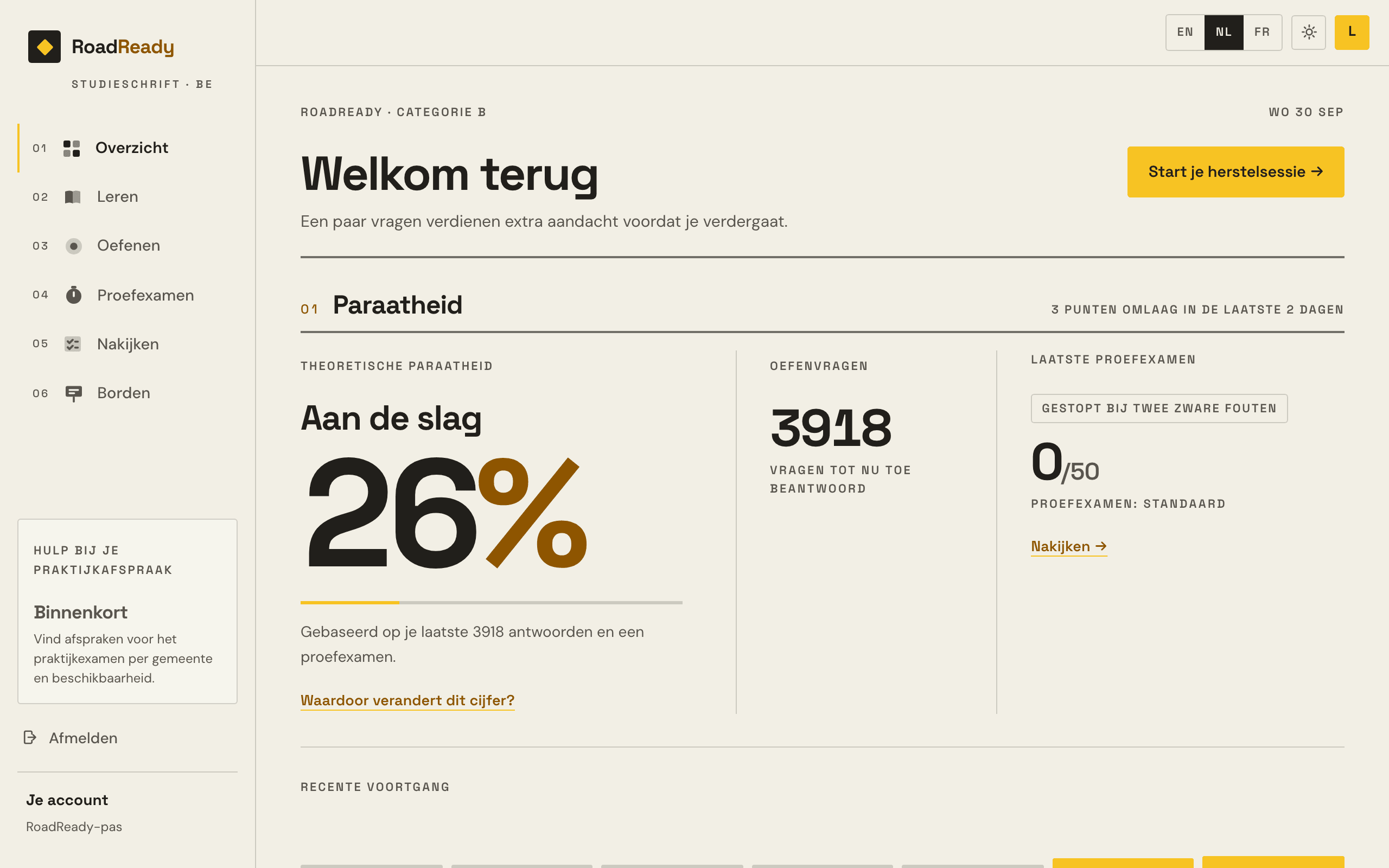 Het RoadReady-dashboard: de paraatheidsband en het cijfer, en wat je hierna aanpakt