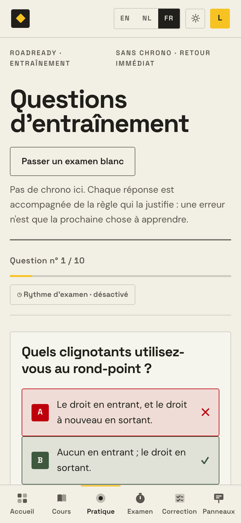 Une question d'entraînement dans RoadReady avec son image, et l'explication de chaque option